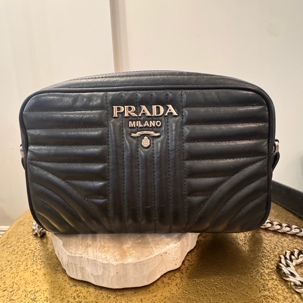 PRADA Diagramme Black Quilted Leather Camera Bag Crossbody Silver Chain